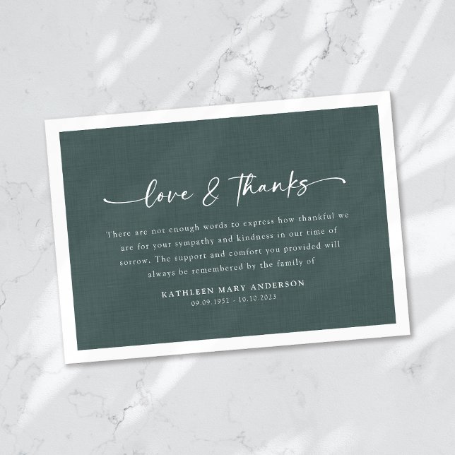 Simple Green Linen Effect Script Funeral  Thank You Card (Creator Uploaded)