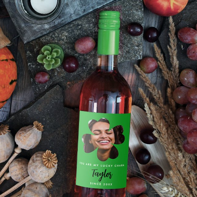 Simple Green Lucky In Love Four Leaf Clover Photo Wine Label (Creator Uploaded)