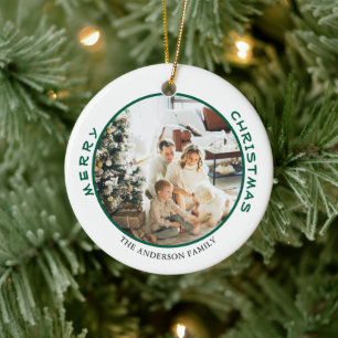 Simple Green Merry Christmas Family Photo Ceramic Tree Decoration
