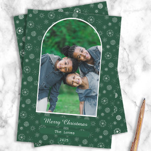 Simple Green Merry Christmas Snowflake Photo Holiday Card