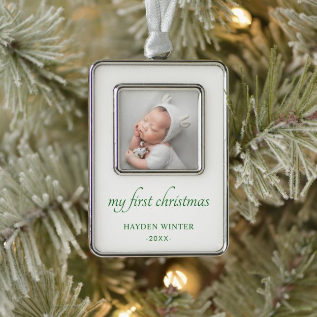Simple Green Minimalist Photo Baby's First Silver Plated Framed Ornament (Tree)