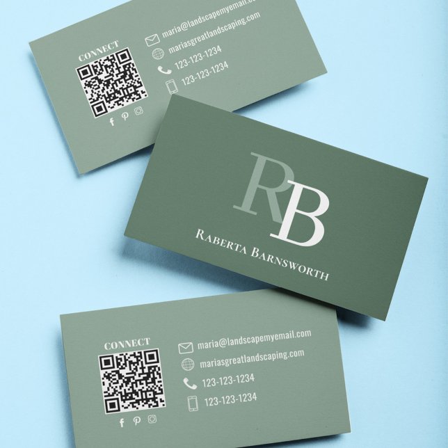 Simple Green Monogram QR Code | Connect with Me Business Card (Green and white monogram QR code business card.)