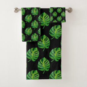 Simple Green Monstera Leaf Pattern on Black Bath Towel Set