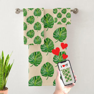 Simple Green Monstera Leaf Pattern on Light Beige Bath Towel Set
