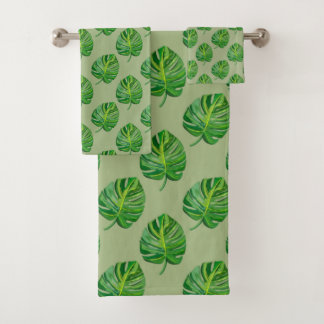 Simple Green Monstera Leaf Pattern on Sage Green Bath Towel Set