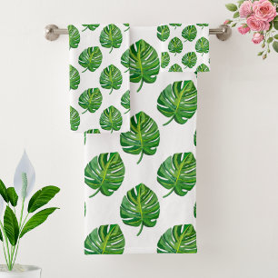Simple Green Monstera Leaf Pattern on White Bath Towel Set