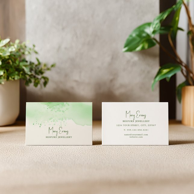 Simple green on green watercolour business card (Green paint splash business card with fun text.)