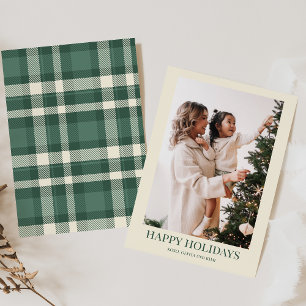 Simple Green Plaid Holiday Card with Photo