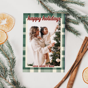 Simple Green Plaid Holiday Card with Photo