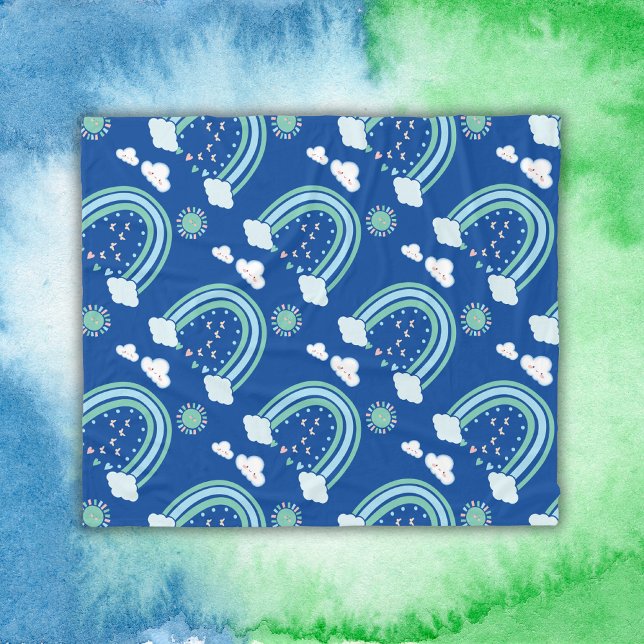 Simple Green Rainbow Boho on Blue | Fleece Blanket (Creator Uploaded)