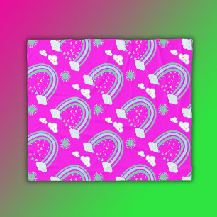 Simple Green Rainbow Boho on Hot Pink Fleece Blanket