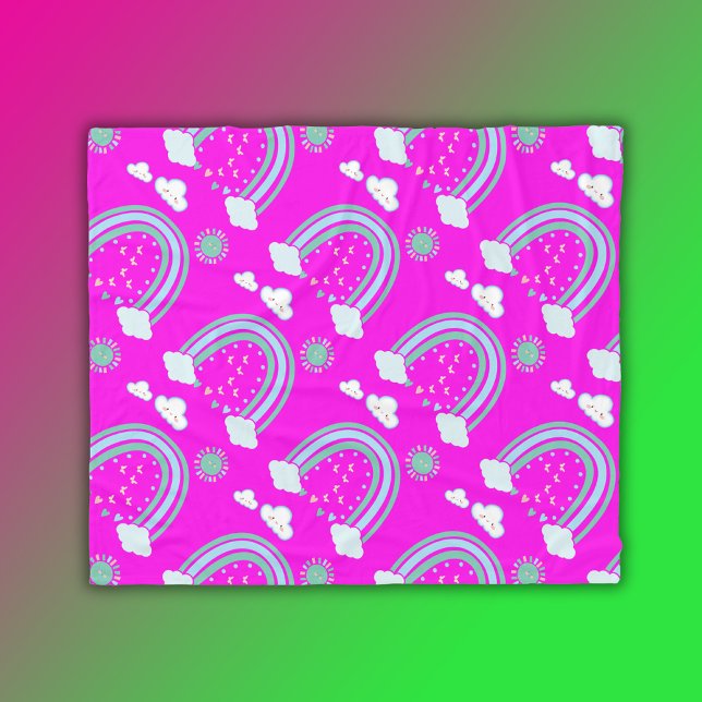 Simple Green Rainbow Boho on Hot Pink | Fleece Blanket (Creator Uploaded)