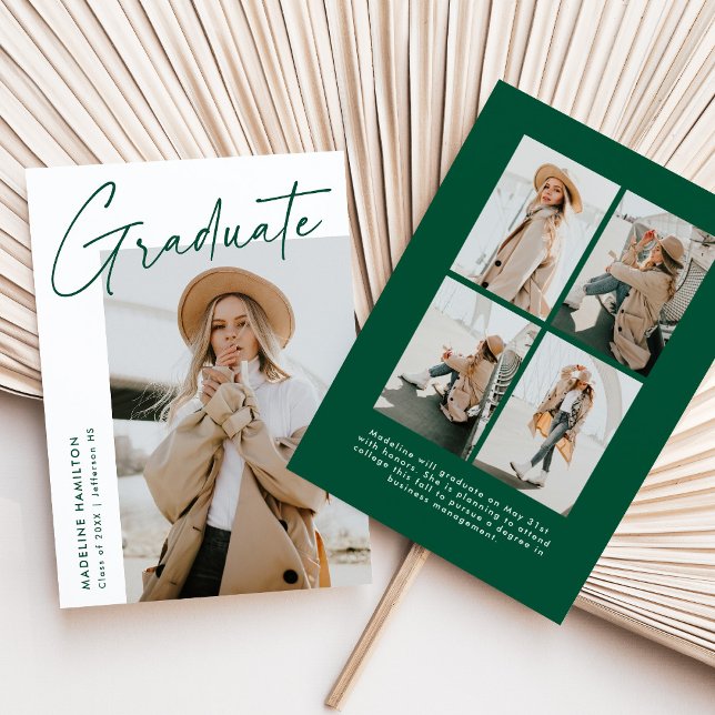 Simple Green Script 5 Photo Collage Graduation Announcement (Creator Uploaded)