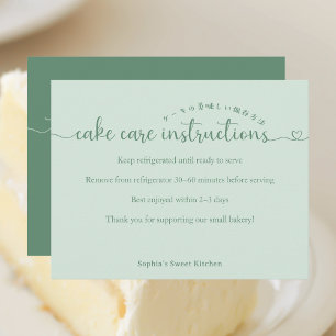 Simple Green Script Cake Care Instructions Bakery Thank You Card