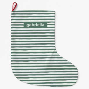 Simple Green Stripes with Name Large Christmas Stocking