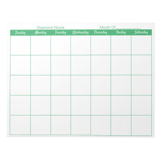 Simple Green Thin Border Name Monthly Planner Notepad (Front)