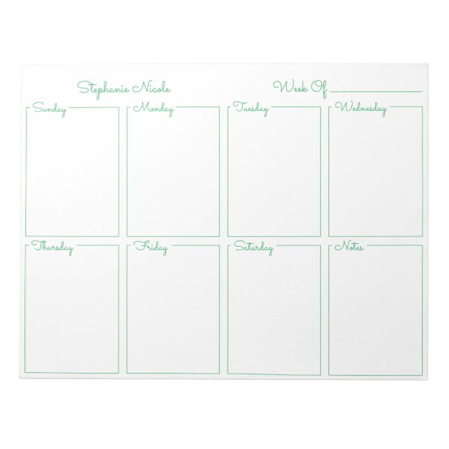 Simple Green Thin Border Name Weekly Planner  Notepad (Front)