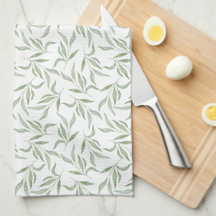Simple Green Watercolor Leaves Botanical Pattern Tea Towel