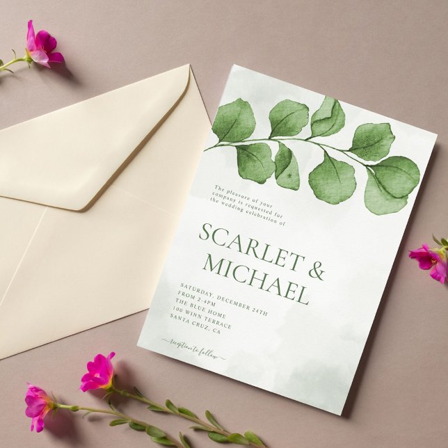 Simple Green Watercolor Leaves Wedding  Invitation (Creator Uploaded)