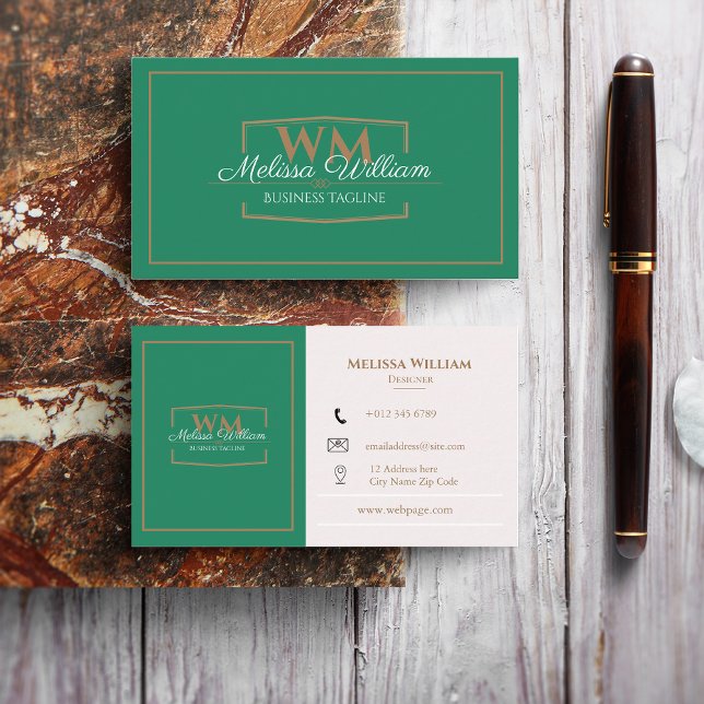 Simple Green White Monogram Business Card (Creator Uploaded)