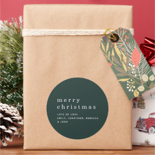 Simple Green White Names Merry Christmas  Classic Round Sticker