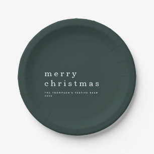 Simple Green White Typography Merry Christmas Paper Plate