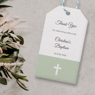 Simple, Green with a Cross Baptism Thank You Gift Tags