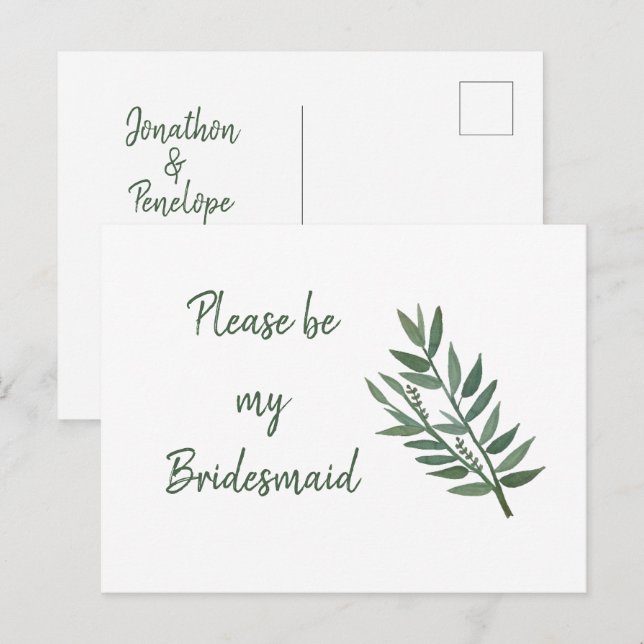 Simple Greenery Botanical Bridesmaid Proposal Postcard (Front/Back)