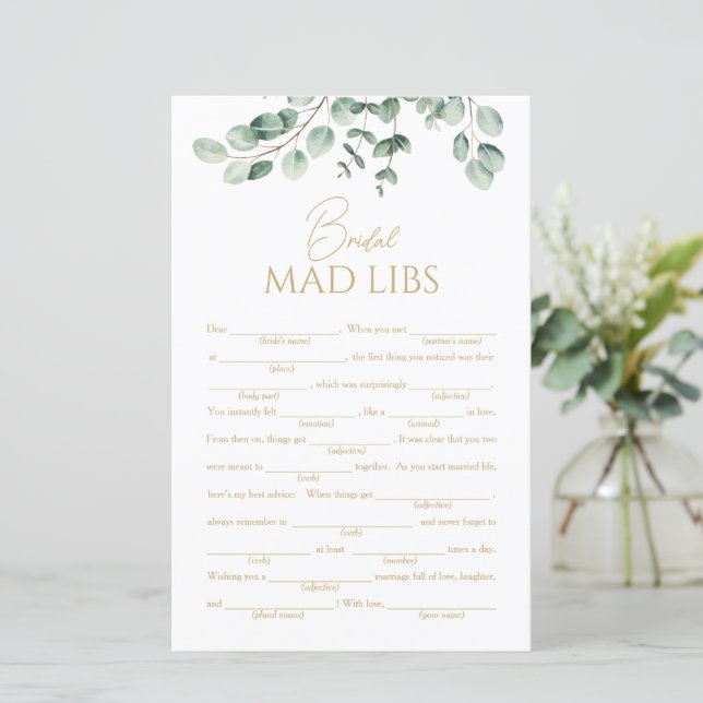 Simple Greenery Bridal Shower Mad Libs Game (Standing Front)