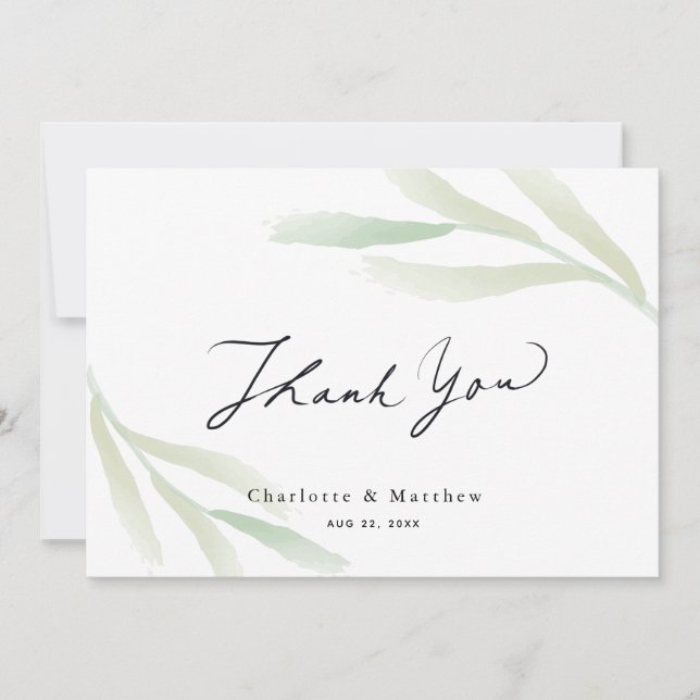 Simple Greenery Caligraphy Wedding Thank You Card (Front)