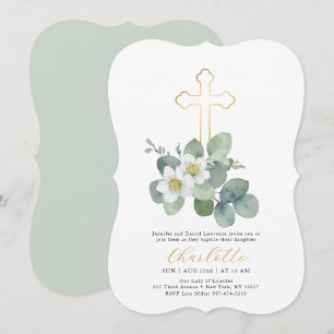 Simple Greenery Cross Baptism Religious Invitation