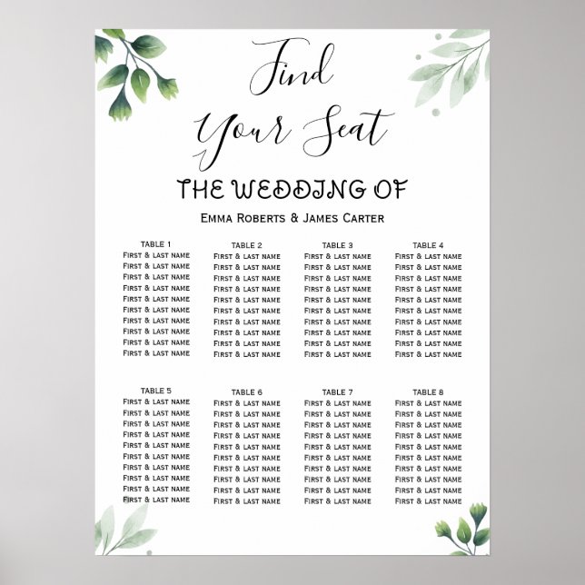 Simple Greenery Elegant Wedding Seating Chart (Front)