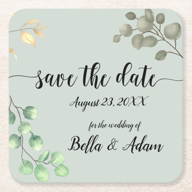 Simple Greenery Floral Eucalyptus Wedding Square Paper Coaster (Front)