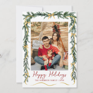 Simple Greenery Gold Bows Happy Holidays 1 Photo Holiday Card