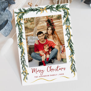 Simple Greenery Gold Bows Merry Christmas 1 Photo Holiday Card