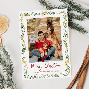 Simple Greenery & Gold Bows Merry Christmas Photo Holiday Card
