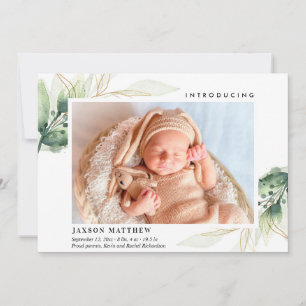 Simple greenery gold leaves birth announcement