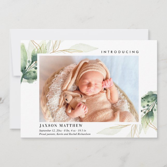 Simple greenery gold leaves birth announcement (Front)