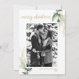 Simple greenery gold modern Christmas photo card