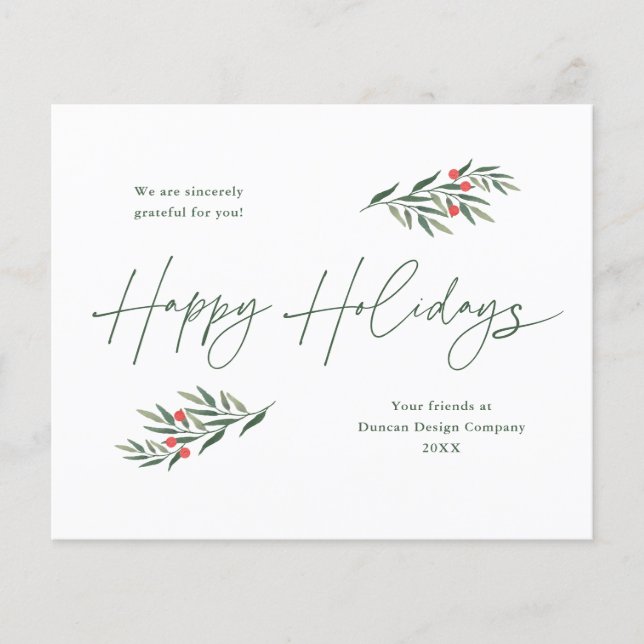 Simple Greenery Leaves Business Holiday Card (Front)