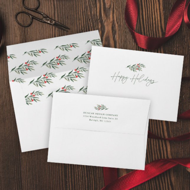 Simple Greenery Leaves Business Holiday Card Envelope (Elegant Greenery Leaves Watercolor Holiday Card Envelopes.)