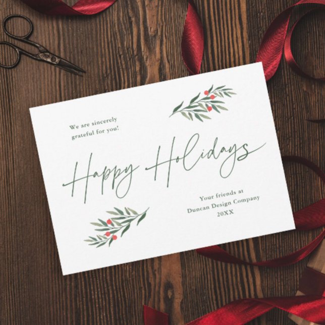 Simple Greenery Leaves Business Holiday Cards (A simple script greenery leaves green and red business holiday magnetic card.)