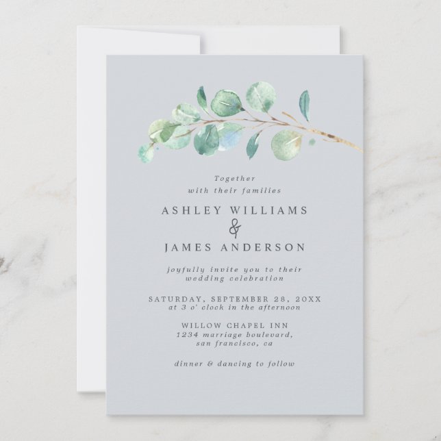 Simple Greenery Light Blue Wedding Invitation (Front)
