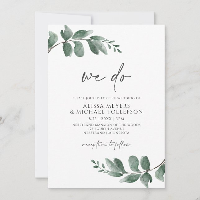Simple Greenery Minimalist Foliage Wedding Invitation (Front)