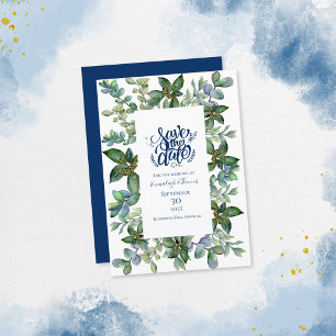 Simple Greenery Navy Blue Save the Date Invitation