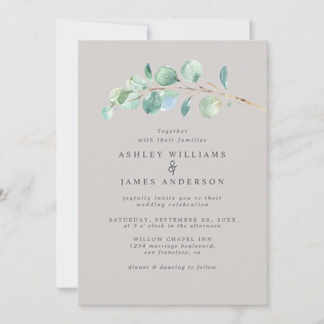Simple Greenery Pastel Grey Wedding Invitation (Front)