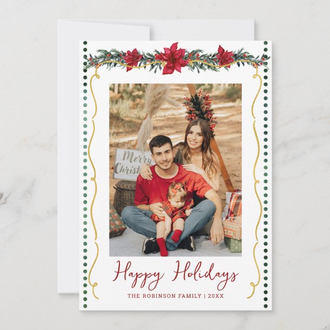 Simple Greenery Poinsettia Happy Holidays 1 Photo Holiday Card (Front)