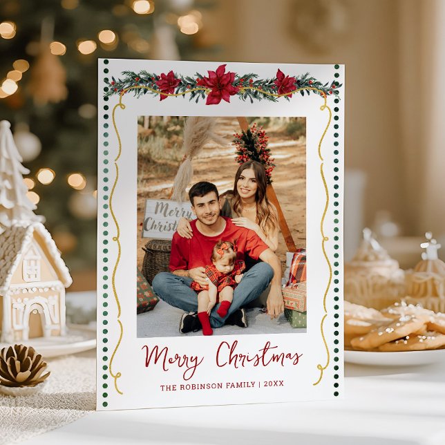 Simple Greenery Poinsettia Merry Christmas 1 Photo Holiday Card (Creator Uploaded)