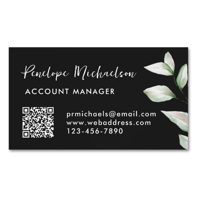 Simple Greenery QR Code Business Card Black (Front)