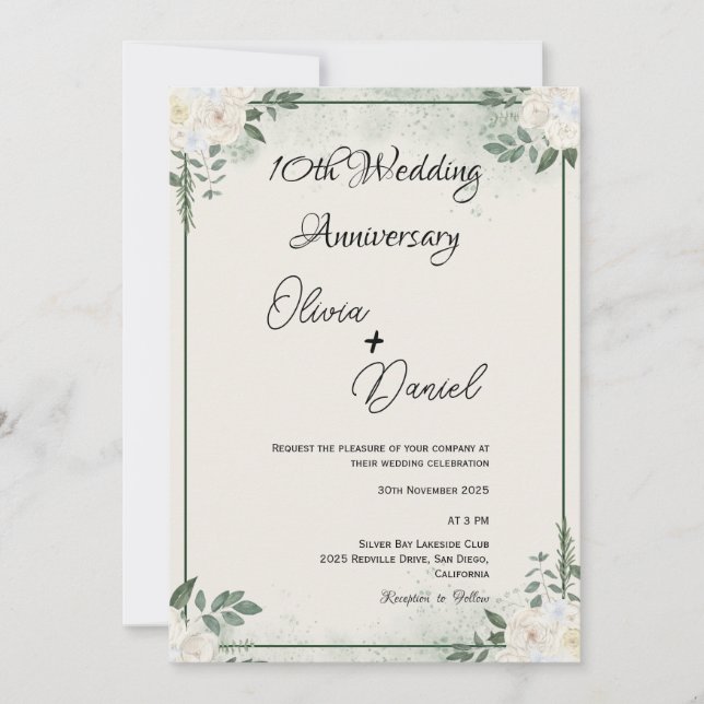 Simple Greenery Wedding Anniversary Invitations (Front)